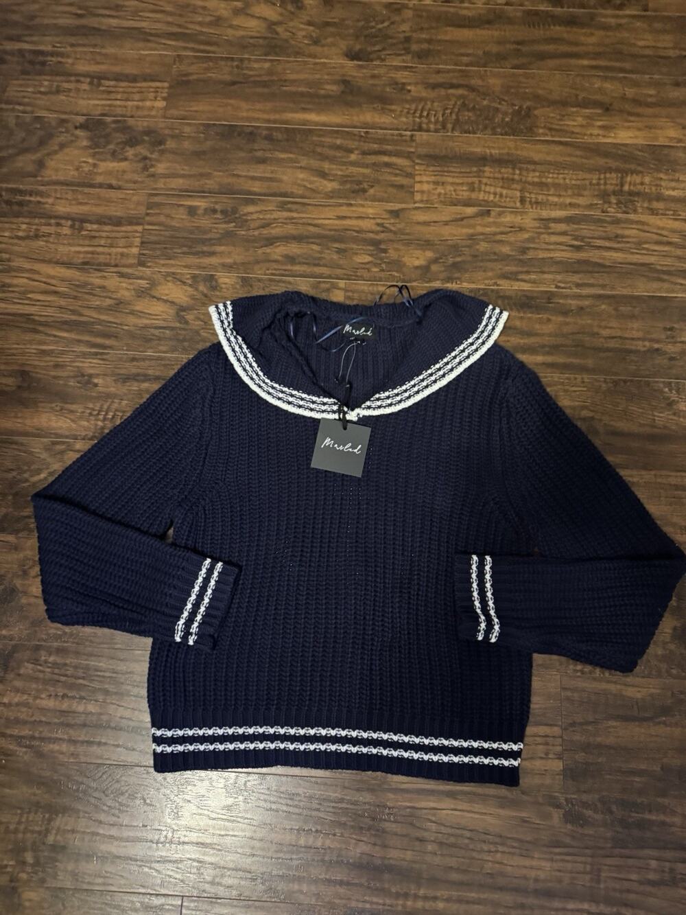 Marled Sailor Collar Knit Sweater Navy Blue Women's Sz M Chunky Pullover